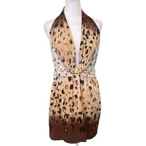 Bebe Elegant Silk Animal Print Leopard Halter Mini Juniors Dress size M